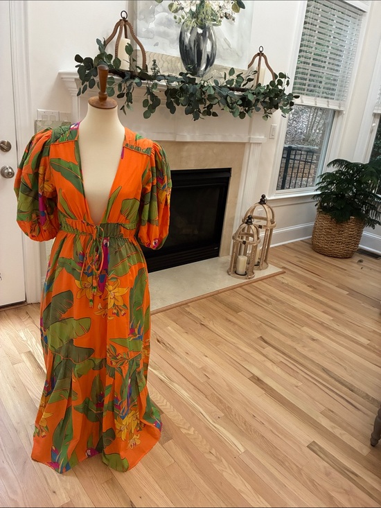 FARM Rio Dresses & Skirts - Women’s Orange Tropical Print Maxi Dress with Puff Sleeves
